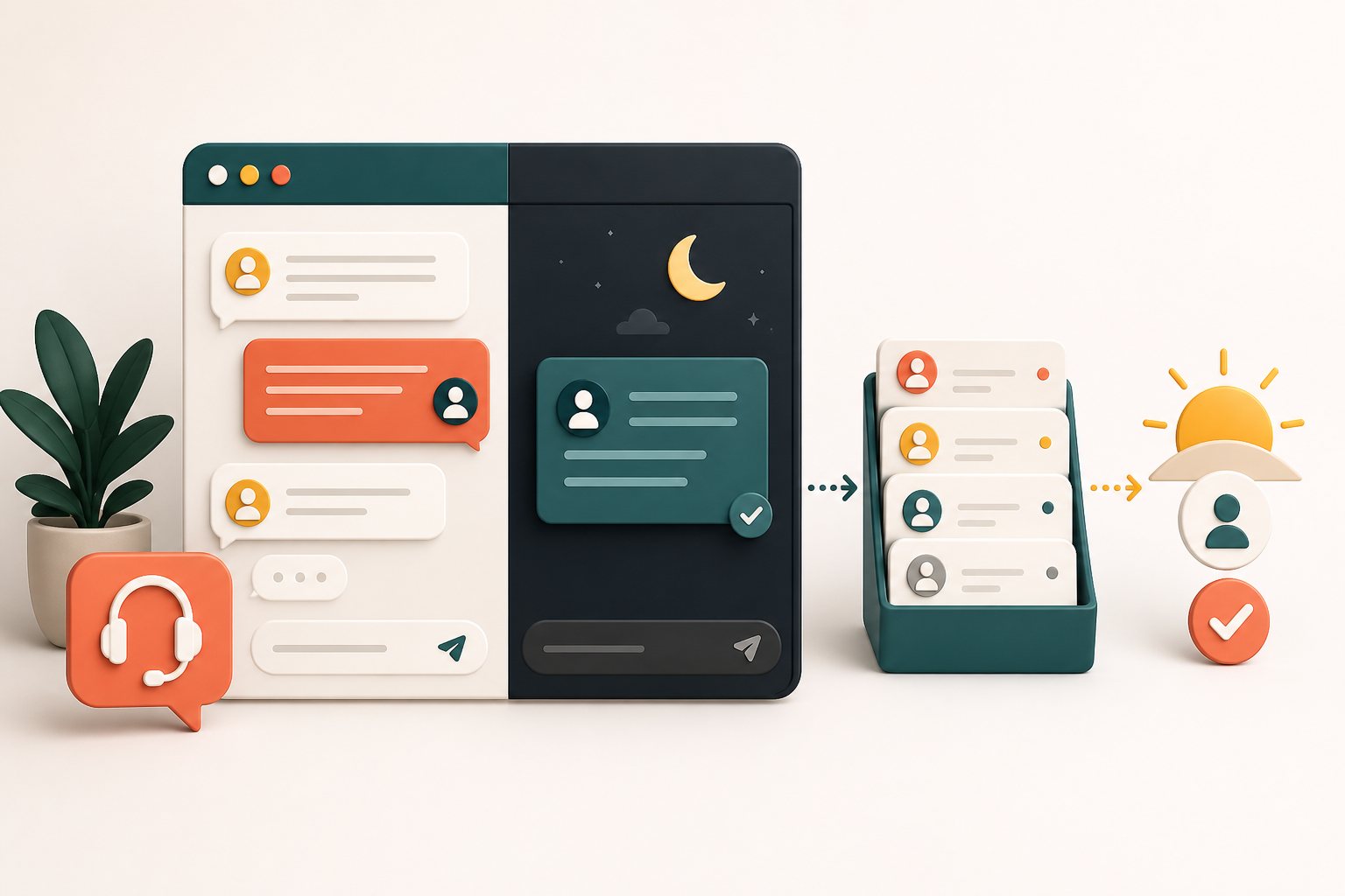 Illustration of daytime live chat changing to an overnight message queue and morning support follow-up