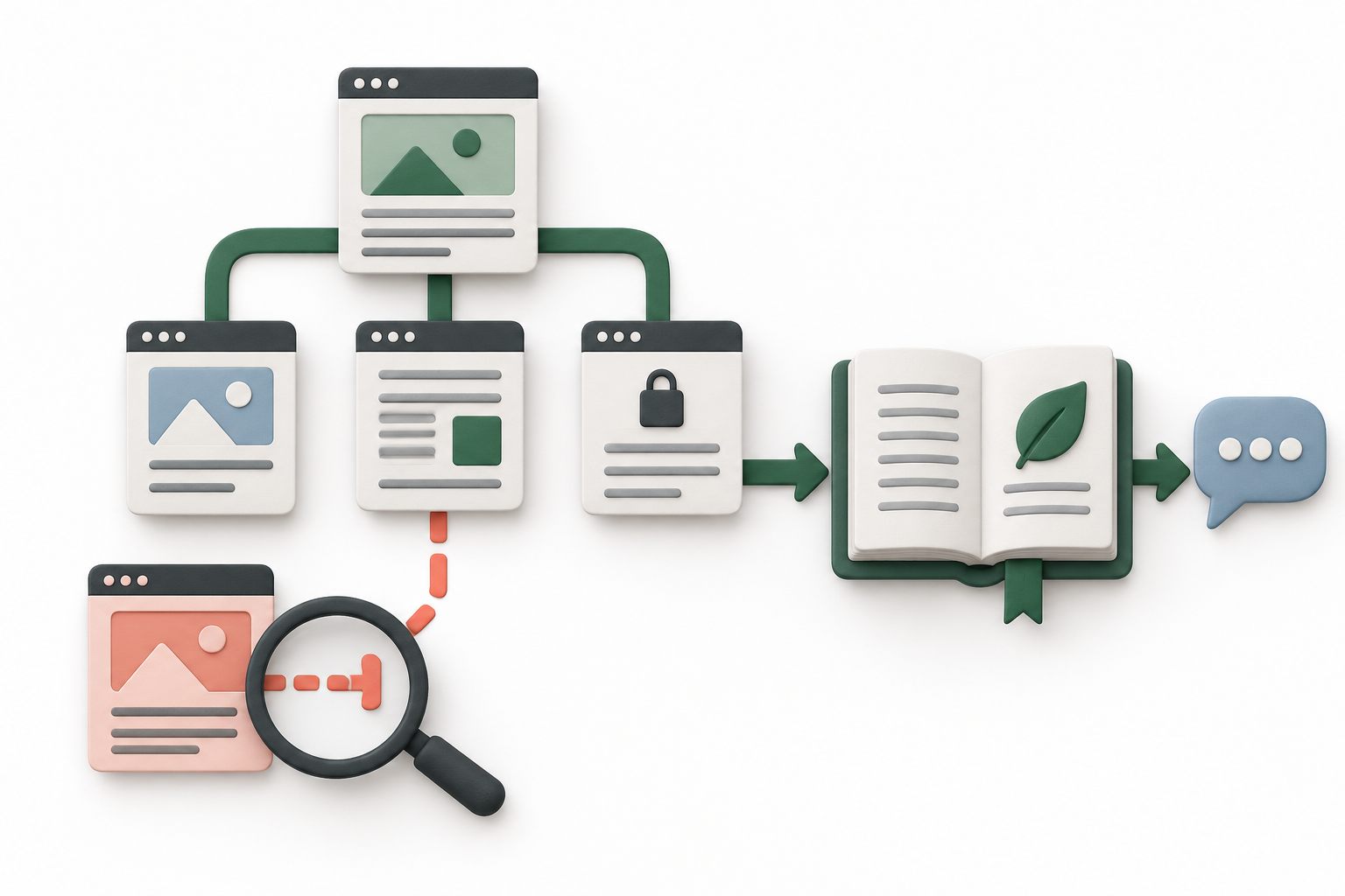 Conceptual website map with a disconnected page under a magnifying glass beside a knowledge book and chat bubble