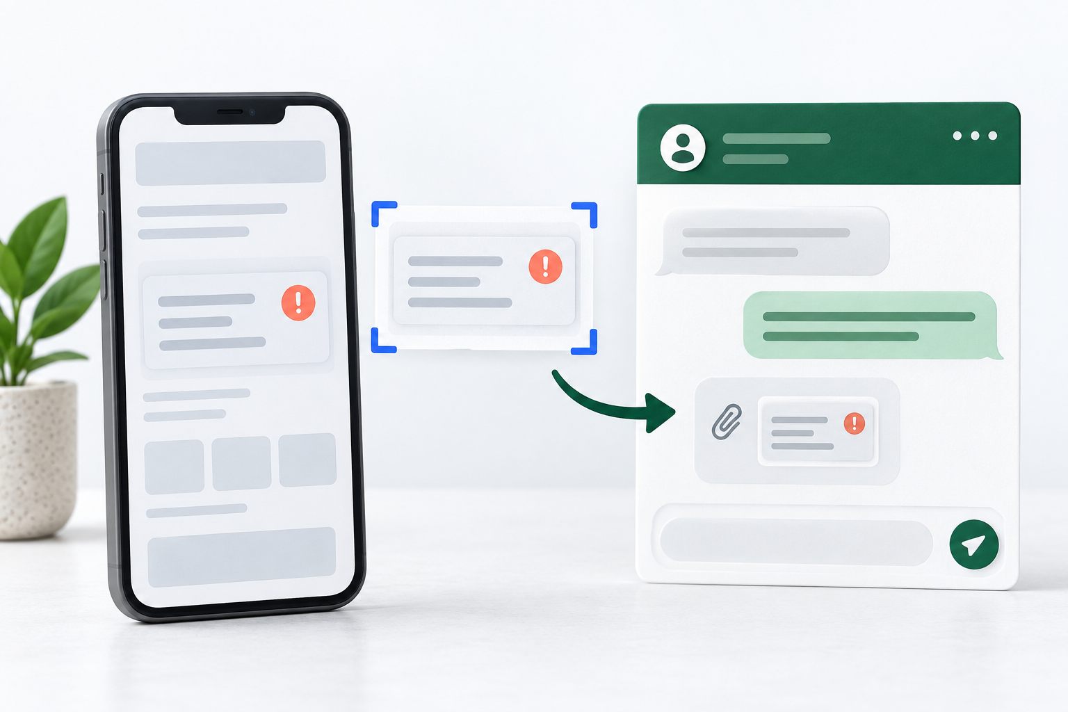 Conceptual illustration of a phone error cropped into a small screenshot and attached to a support conversation