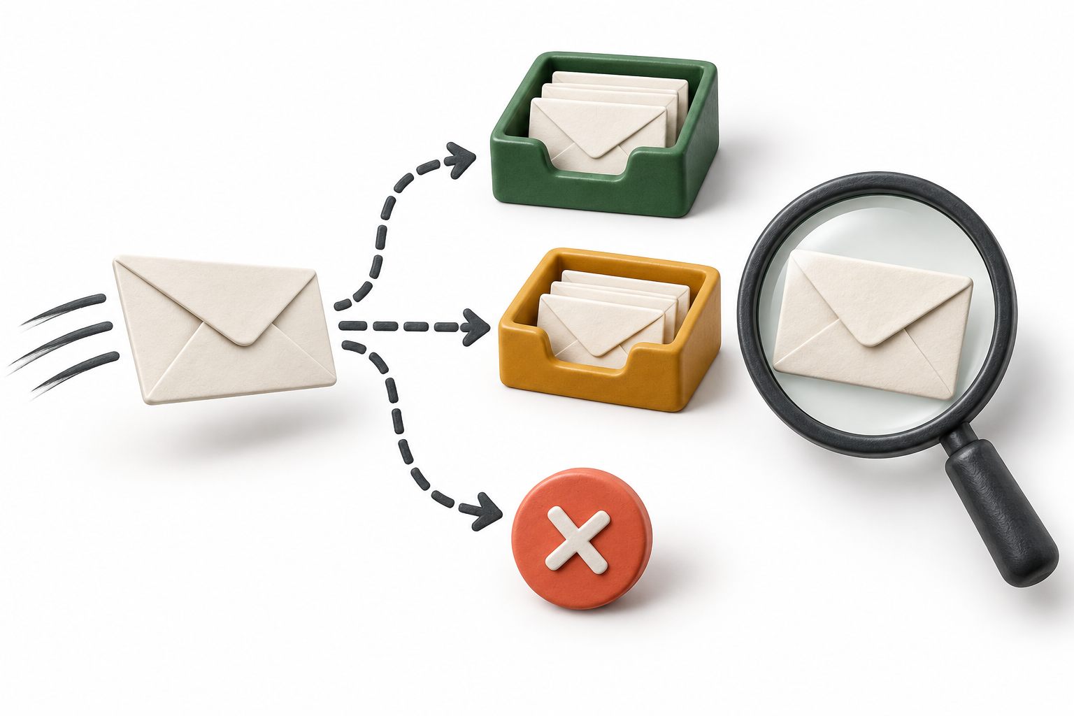 Conceptual support email branching toward inbox, filtered mail, and an error marker, with a magnifying glass inspecting an envelope