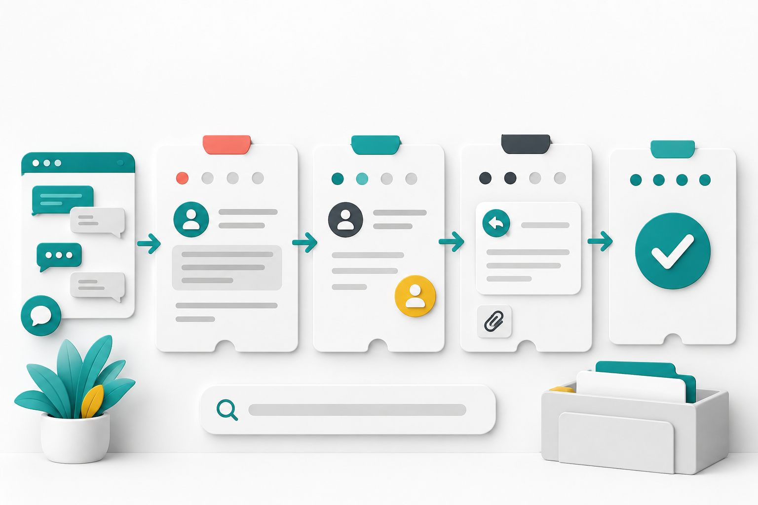 Conceptual workflow moving a live chat through organized support tickets, an email reply, search, and a completed checkmark