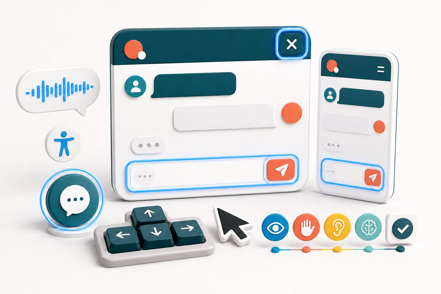 Illustration of an accessible live chat interface with keyboard focus, mobile reflow, touch, vision, and hearing cues