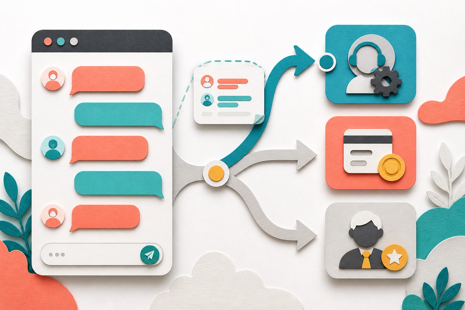 Conceptual live chat conversation and context card routed to technical, billing, or senior support owners
