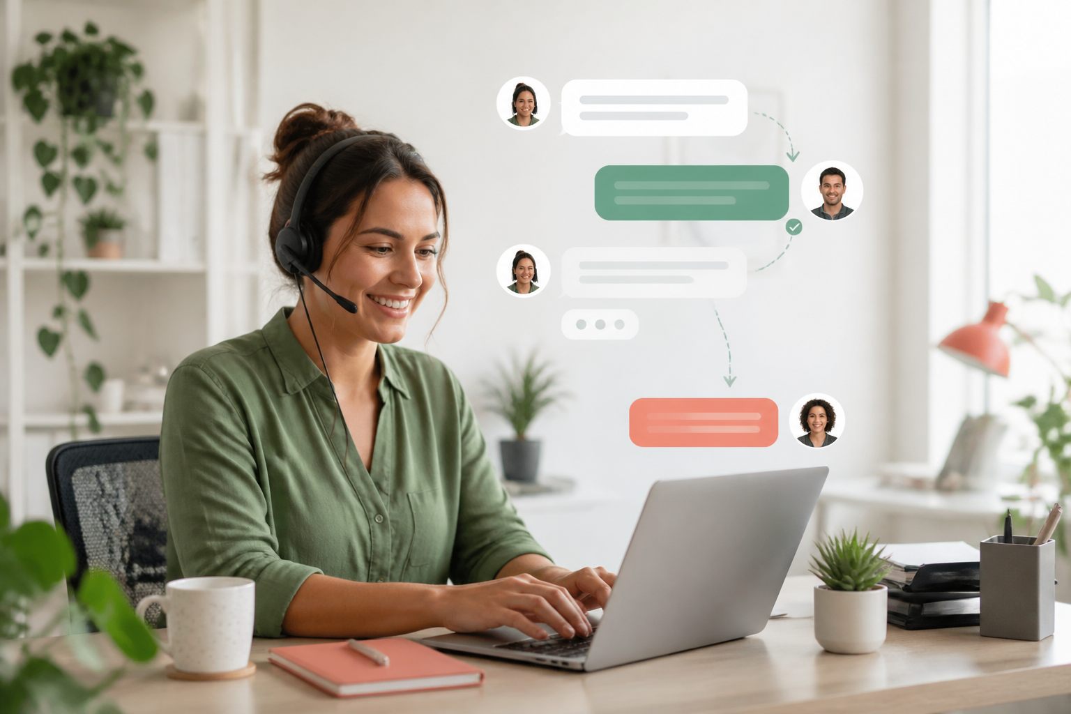 Customer support agent replying at a laptop beside clear chat bubbles and a human handoff path