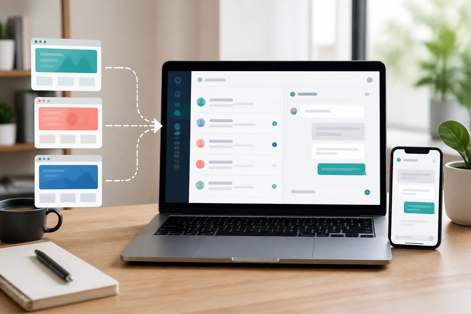 Three abstract website chat streams flowing into one organized support inbox on a laptop with a matching mobile conversation