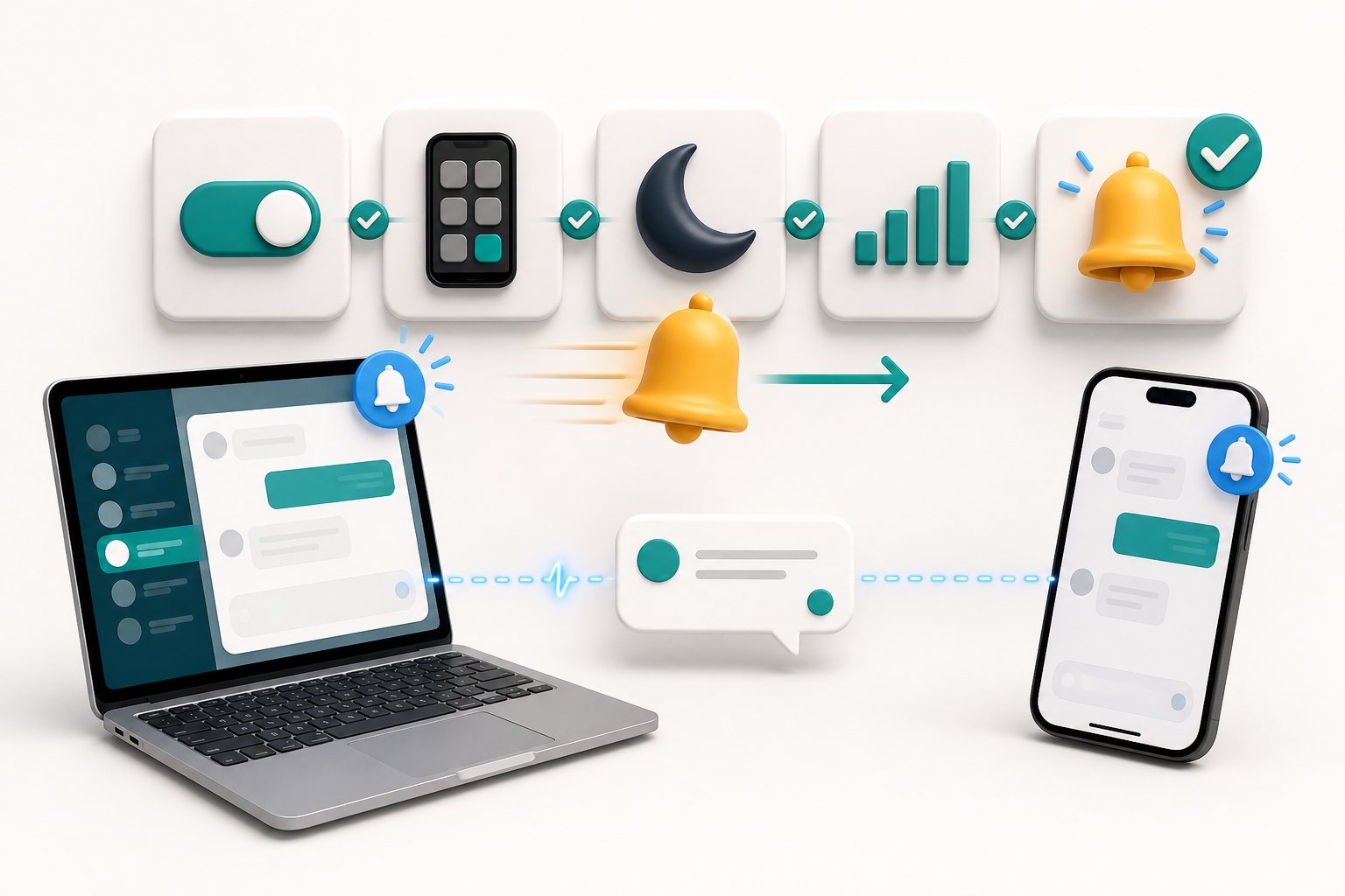 Illustration of chat notification troubleshooting across permission, installed app, focus mode, connectivity, laptop, and phone
