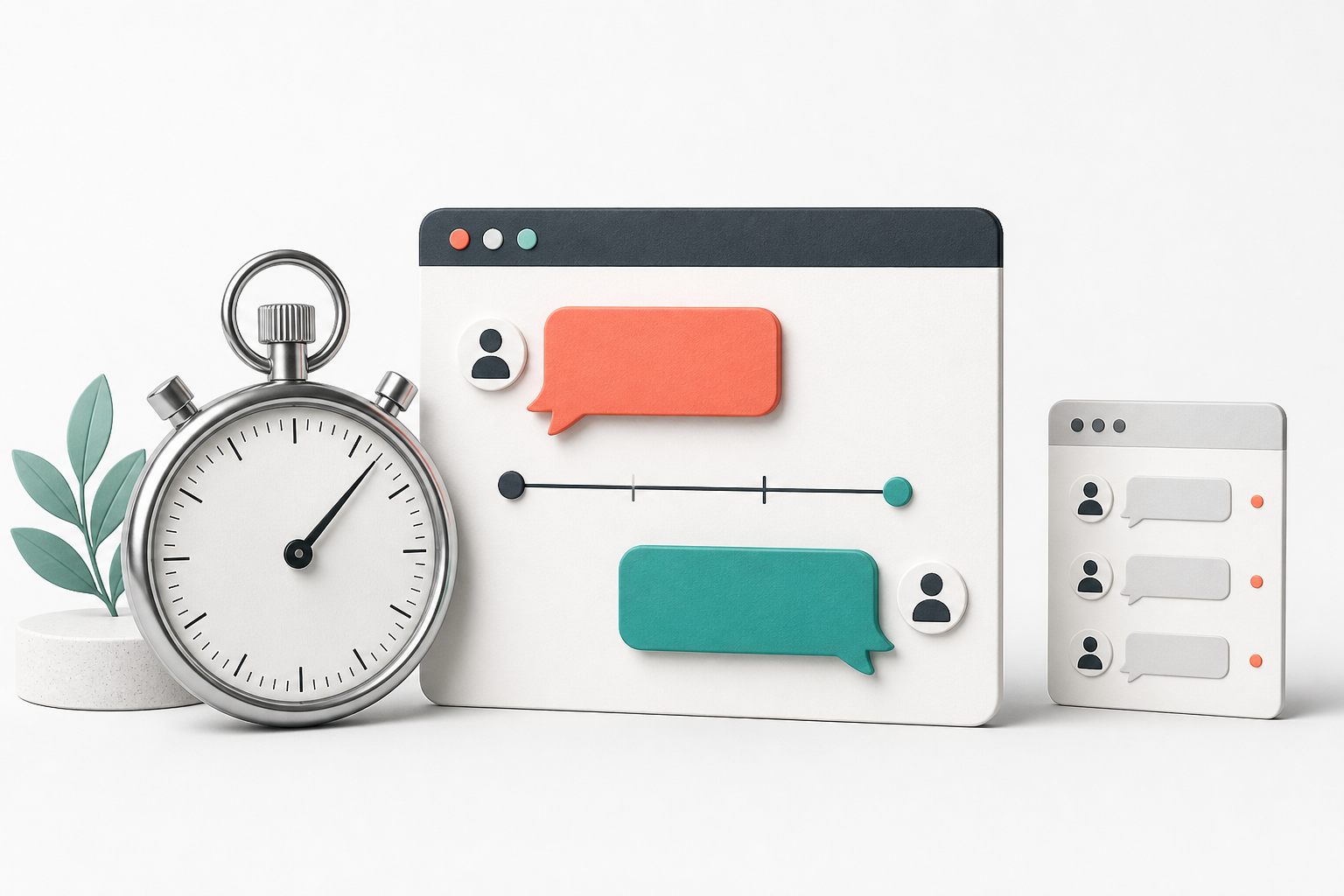 Conceptual stopwatch beside incoming and outgoing chat bubbles, a response timeline, and a queue of waiting conversations