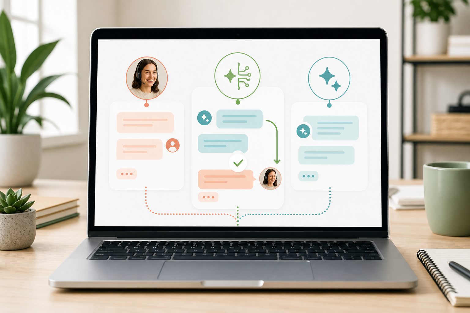 Human live chat, AI chatbot, and hybrid handoff paths displayed together on a laptop