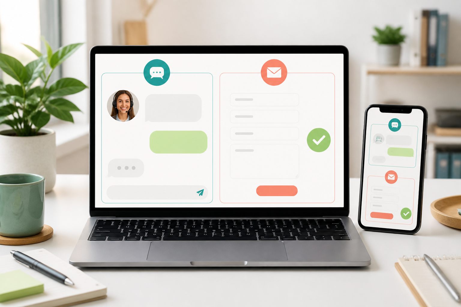 Live chat and contact form support options compared side by side on desktop and mobile