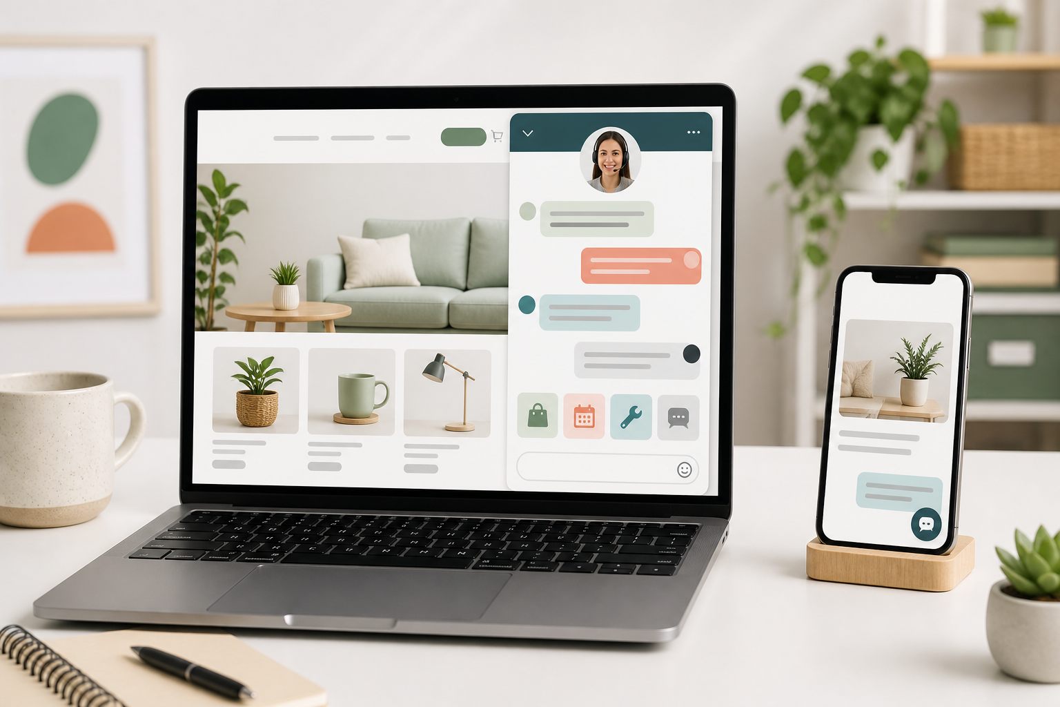 Website and mobile chat panels showing abstract welcome messages for shopping, booking, service, and support