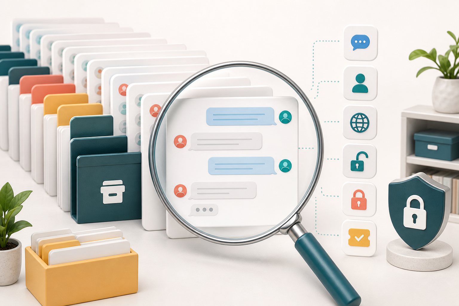 Illustration of a magnifying glass finding one customer conversation in an organized and protected live chat archive