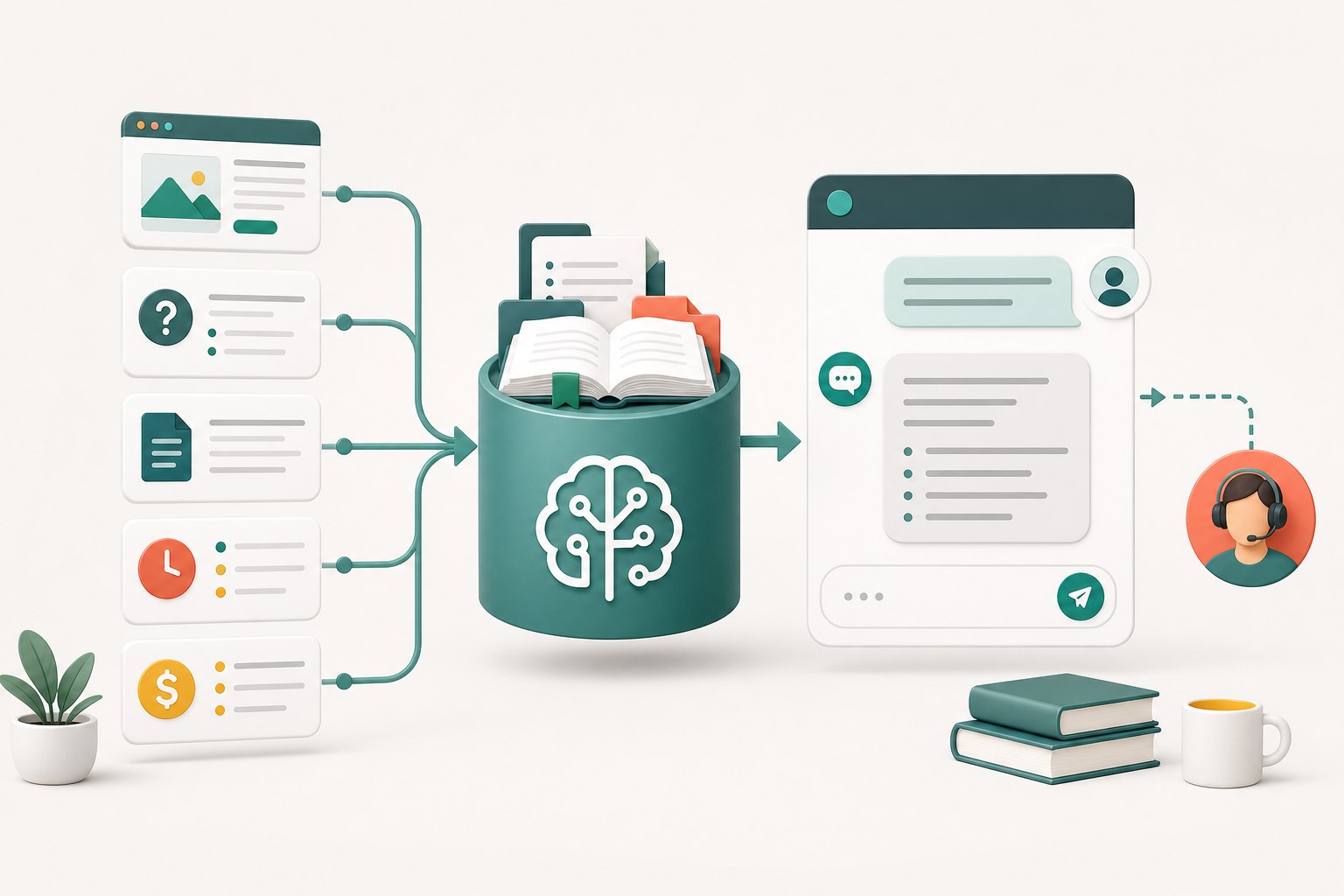 Website pages and business knowledge flowing into an AI support chatbot with human handoff