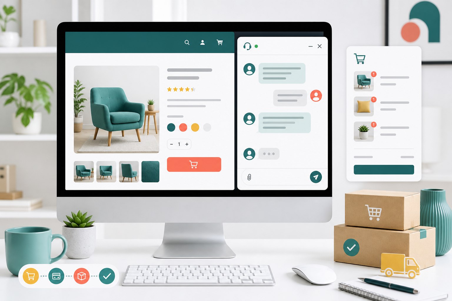 Illustration of ecommerce product, cart, and live chat customer support