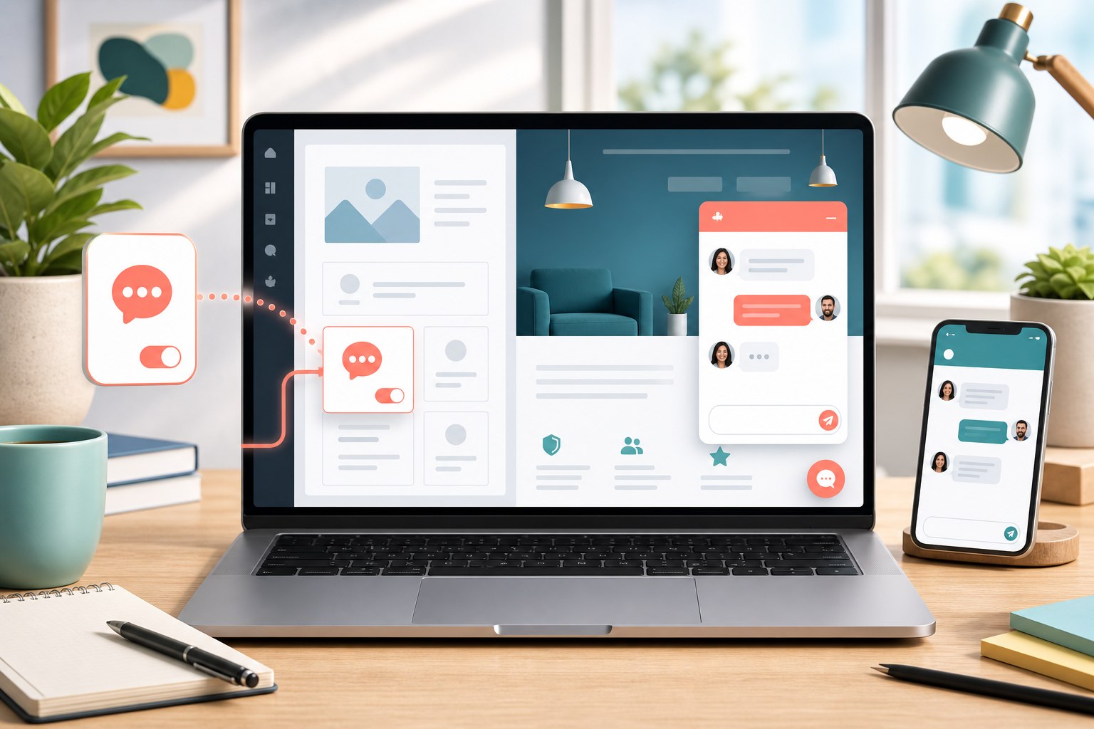 Illustration of a live chat plugin being added to a WordPress business website