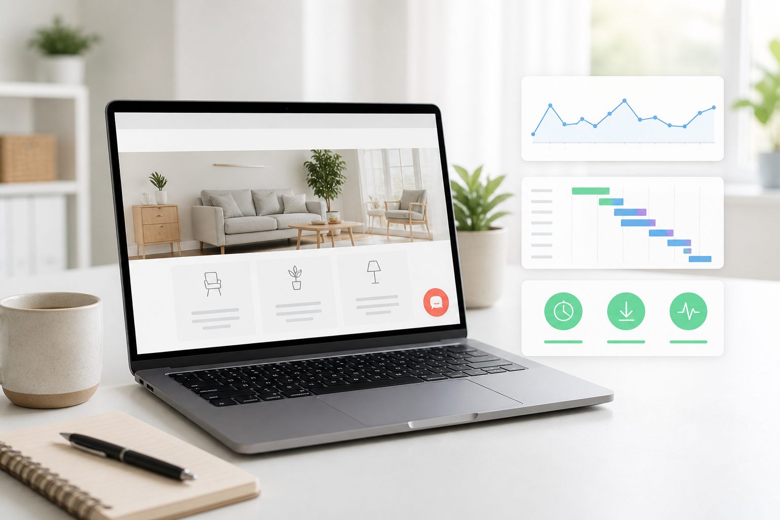 Laptop displaying a website chat launcher beside page-speed charts and green performance indicators