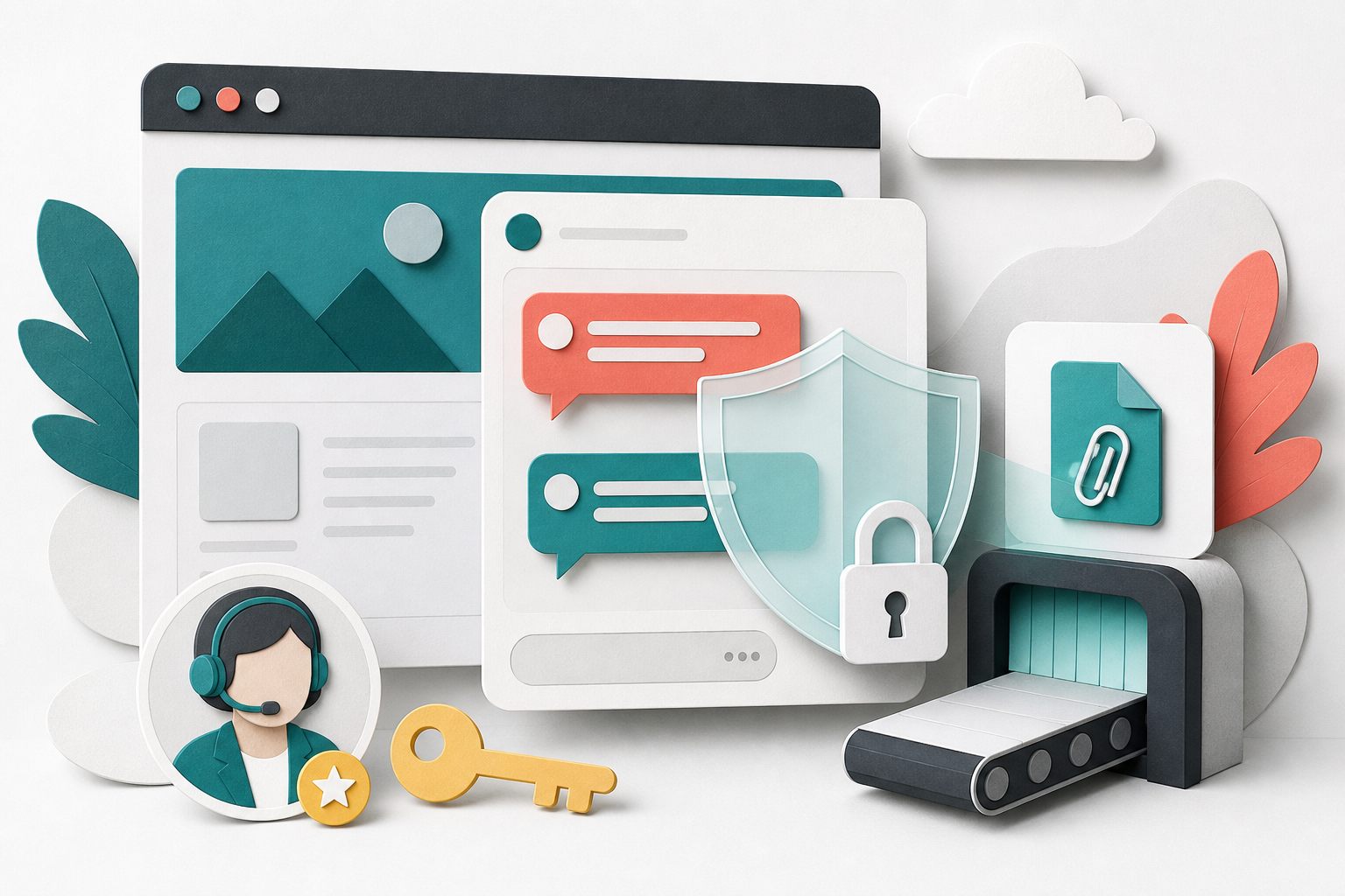 Conceptual live chat window protected by a shield and lock, with an agent key and attachment security checkpoint