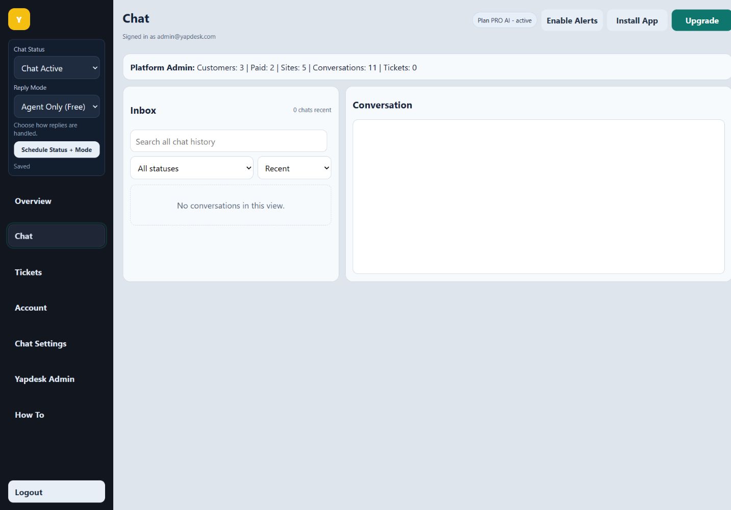 Desktop Yapdesk inbox with chat history search