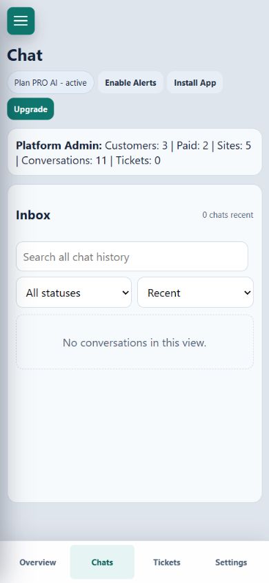 Yapdesk mobile chat inbox with search and filters