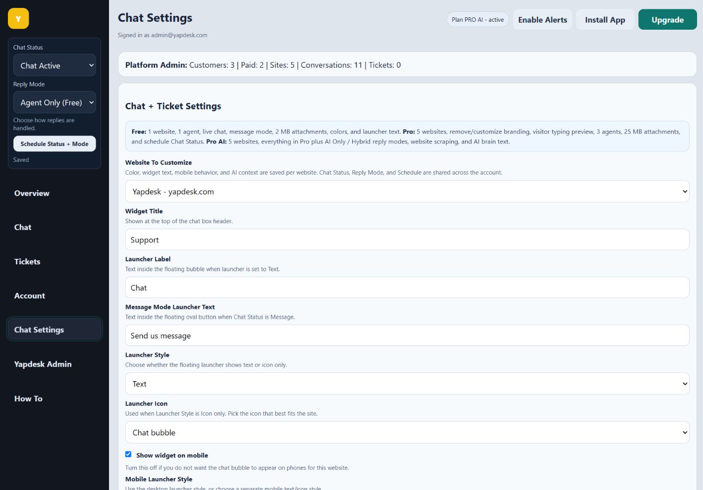 Yapdesk desktop chat settings