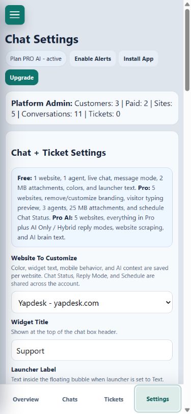 Yapdesk mobile chat settings screen