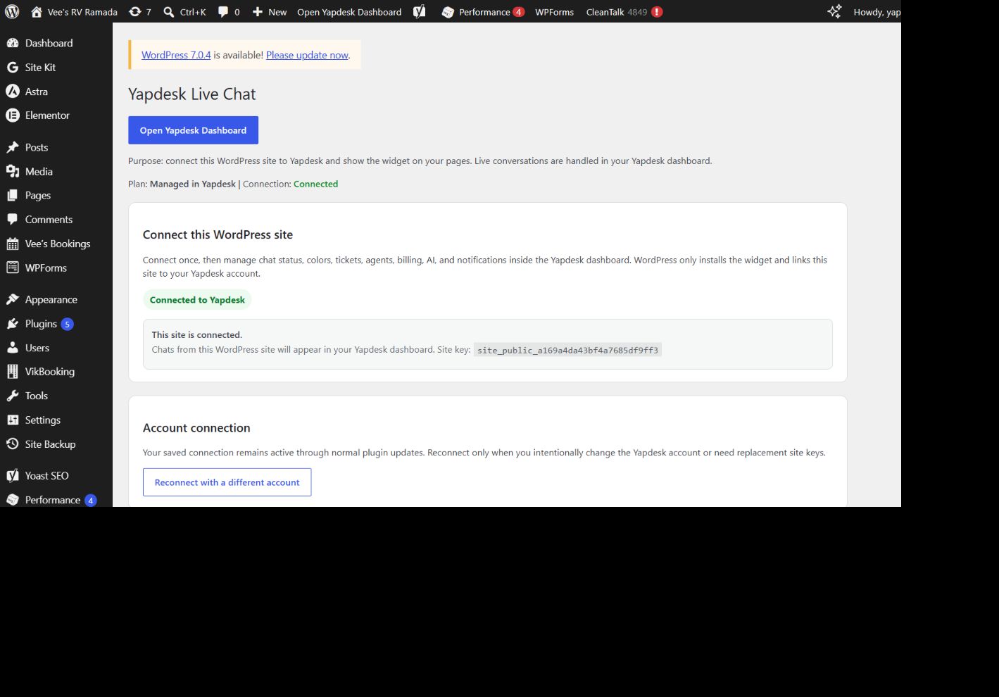 Connected Yapdesk plugin screen in WordPress