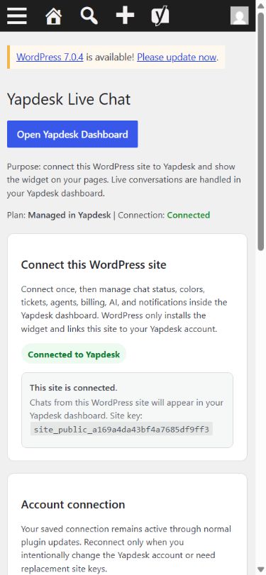 Connected Yapdesk plugin screen in mobile WordPress admin