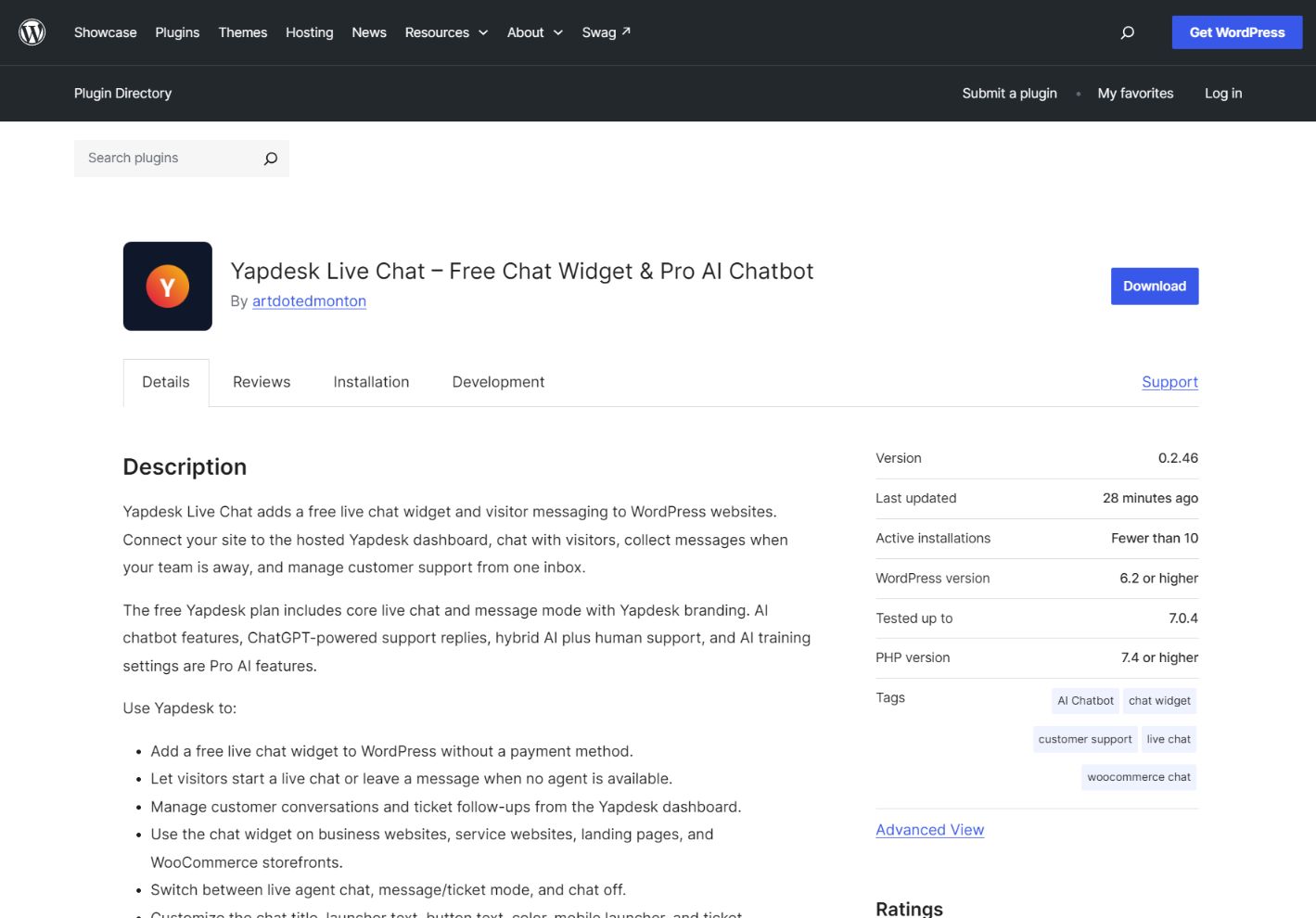 Official Yapdesk Live Chat plugin page on WordPress.org