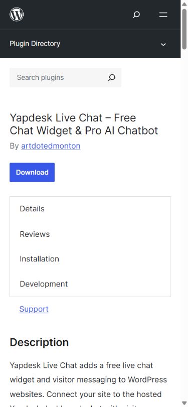 Yapdesk listing in the WordPress plugin directory on a phone